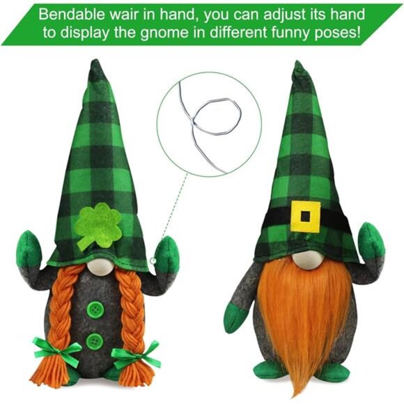 St.Patrick's Day Gnome Plush Elf Decorations - Mr and Mrs Green Buffalo Check - Picture 4 of 8